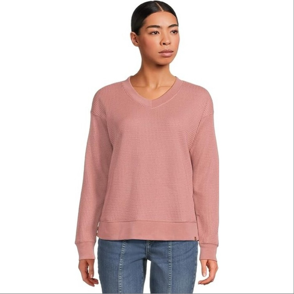 LL‎ Bean Women Birchwood Brushed Waffle Knit V-Neck Long Sleeve Top Medium Pink